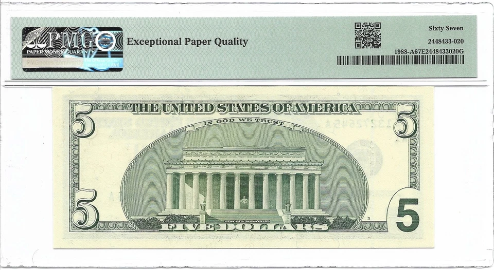 2001 $5 BOSTON FRN. PMG SUPERB GEM Uncirculated 67 EPQ Banknote. - Image 2 of 2