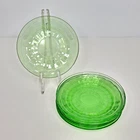 Set of 7 Vintage Anchor Hocking Green Uranium 5.5" Glass Block Optic Saucers