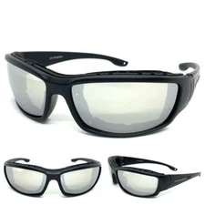 Men's MOTORCYCLE Riding Padded Safety Protective SUN GLASSES GOGGLES Chrome Lens