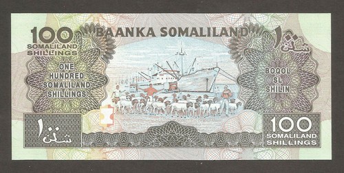 Somaliland 100 Shillings 1996; UNC; P-5b; BNB-B105b; Sheep; Goats; Ship; Trucks - Picture 2 of 2