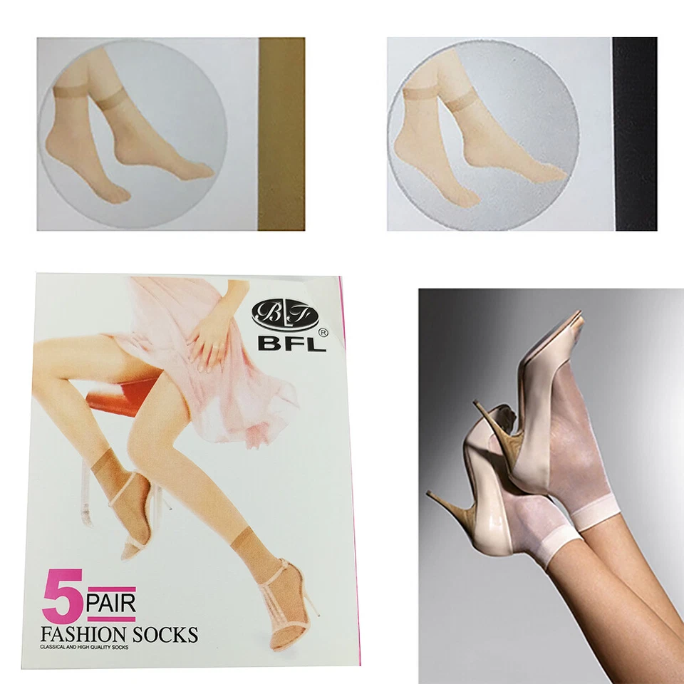 5 Paire De Chaussettes Femme Viande Noir Voilé Nylon en Classique Cheville 107 - Photo 1/1