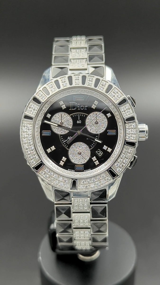 Dior Christal Diamond Black Ceramic LG Quartz Chronograph Watch
