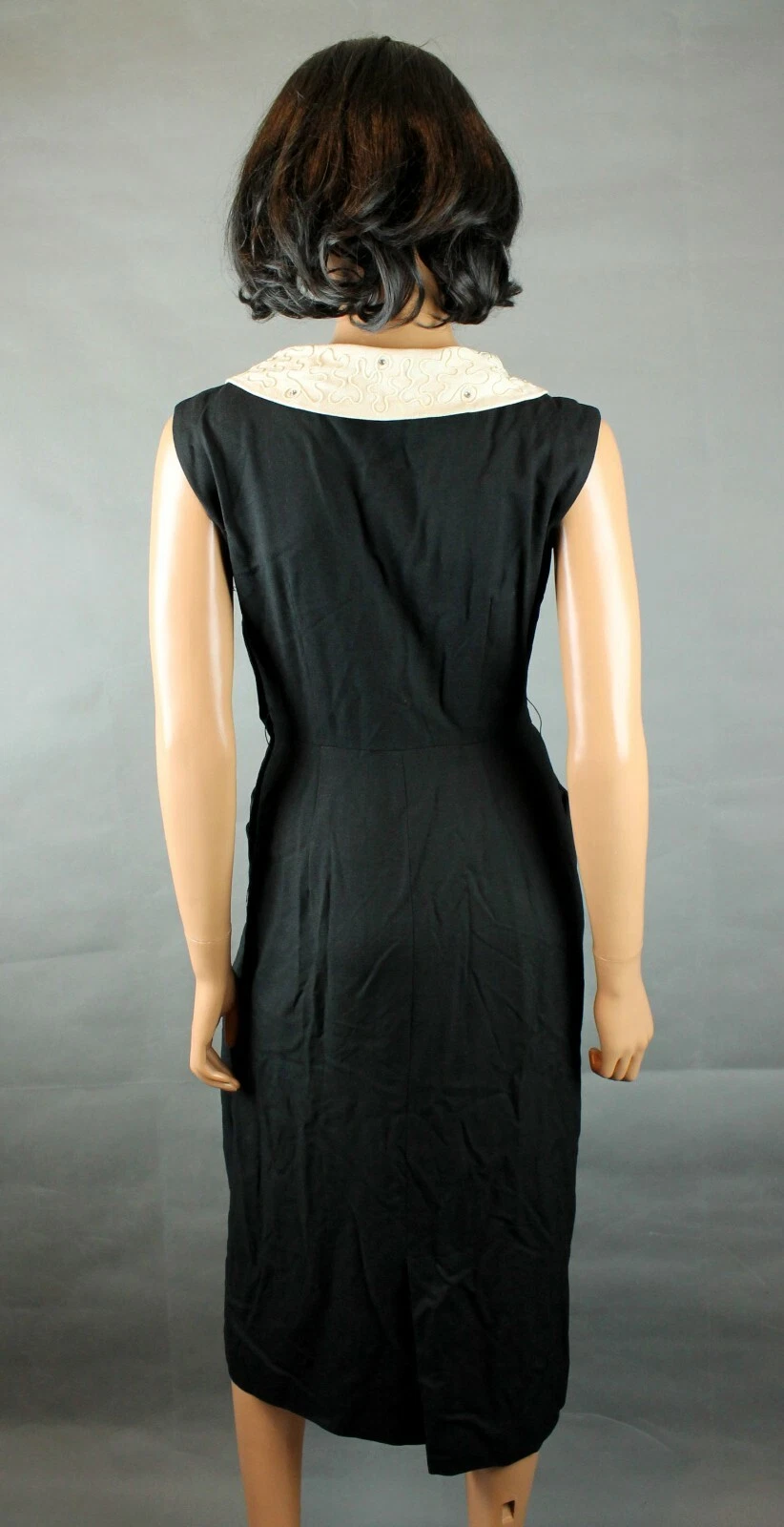 OFF WHITE Abito da cocktail vintage anni '40 taglia S nero scuro lana bianca senza maniche strass