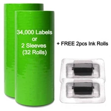 2 Sleeves Green Label for Monarch Pricing Gun 1110, 1105, 1107 = 32 Rolls + Ink