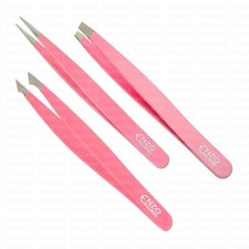 3 x BEAUTY EYELASH HAIR REMOVING COMBO SLANTED FINE POINTED TIP TWEEZERS PINK