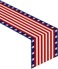 Linen 13X72'' Veterans Day Table Runner Labor Day American Stars and Stripes Fla