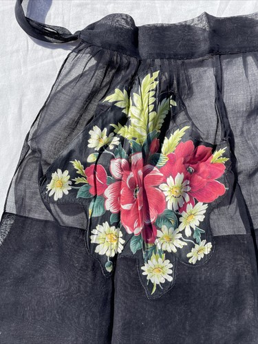 Vintage Mid Century Half Apron Aplique Flower Pocket Handmade Black Chiffon - Picture 2 of 7