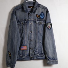 Y2K Ring Of Fire Denim Jean Jacket Mens 2XL  Patches Snake Patriotic USA Flag