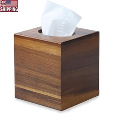 Acacia Wood Tissue Box Cover Rustic Square Design Easy Refill Elegant Home Decor