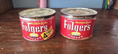 2 Vintage 1959 Folger's 4 Cents off Coffee Can Tin Metal Advertising Decor
