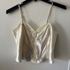 Vintage Style Y2K Ivory Lace Trim Satin Cami Top XS Romantic Coquette Lingerie