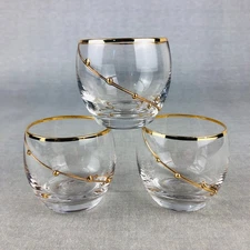 Brandy Cordial Juice glass set of 3 Gold rim and beaded swirl Stemless Pier 1 ?