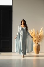 Light Blue Long Sleeve Formal Mother of the Bride Dress Gown Regular Size