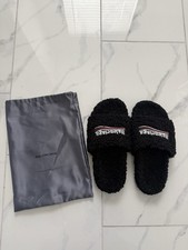 Balenciaga Men  s Logo Faux Fur Slide Slippers Black US 9.5 Open Toe