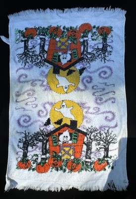 VTG 1980 s Halloween Jack O Lantern Ghost Kitchen Hand Towels Fringe -C2