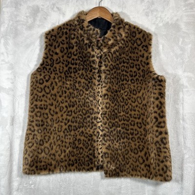 Cheetah Leopard Pattern Faux Furry Vest Brown Black Women's Size Large EUC
