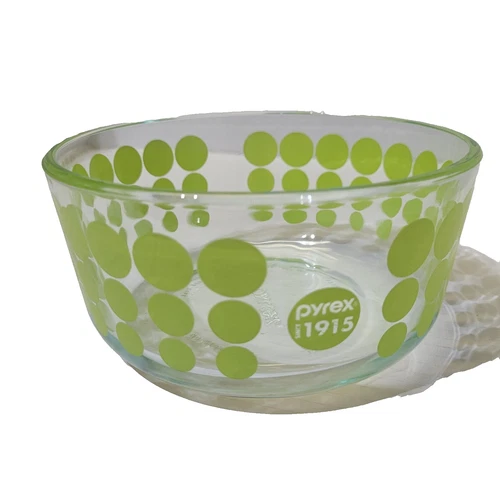 Pyrex Glass Bowl Green Polka Dot 1qt Retro #7201