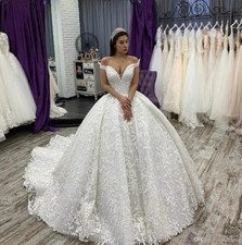 Lace Ball Gown Wedding Bresses with Cathedral Train Off Shoulder Lace Bridal