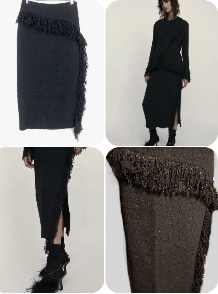 ZARA NEW BLACK Limited Edition Textured Midi Fringe SKIRIT ZARA NEW BLACK Limited Edition Textured Midi Fringe SKIRIT