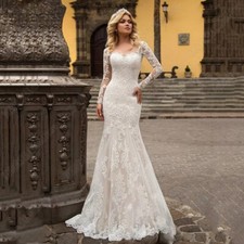 Elegant Mermaid Lace Wedding Dress Applique Long Sleeve Bridal Gowns Sweep Train