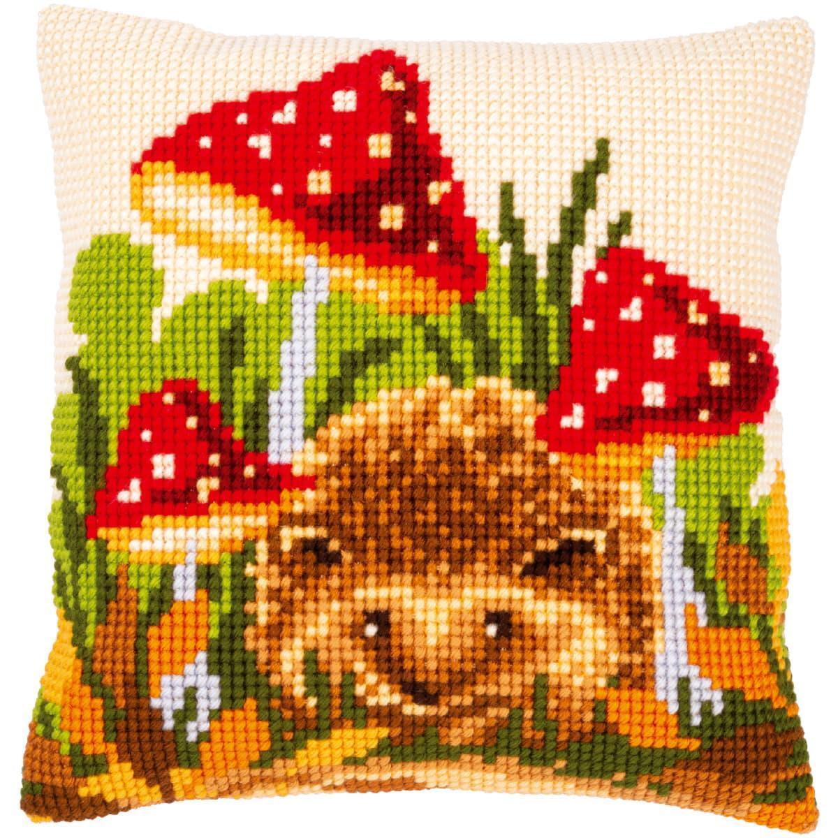 Vervaco stamped cross stitch kit cushion ""Igel mit Pilzen"", 40x40cm, DIY