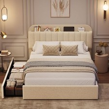 Full Size Bed Frame with Headboard Upholstered Platform Bed Frame w/ 2 Drawers