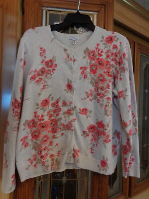 Croft Barrow white cardigan with pink flowers cotton size PXL