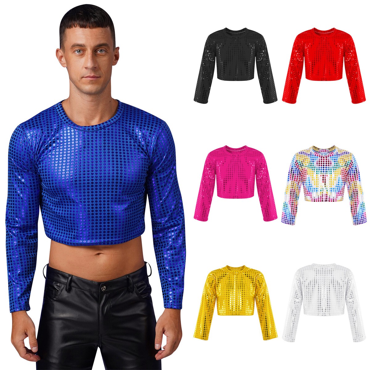 Men's Sparkle Sequin Long Sleeve Crop Top T-Shirt Party Club