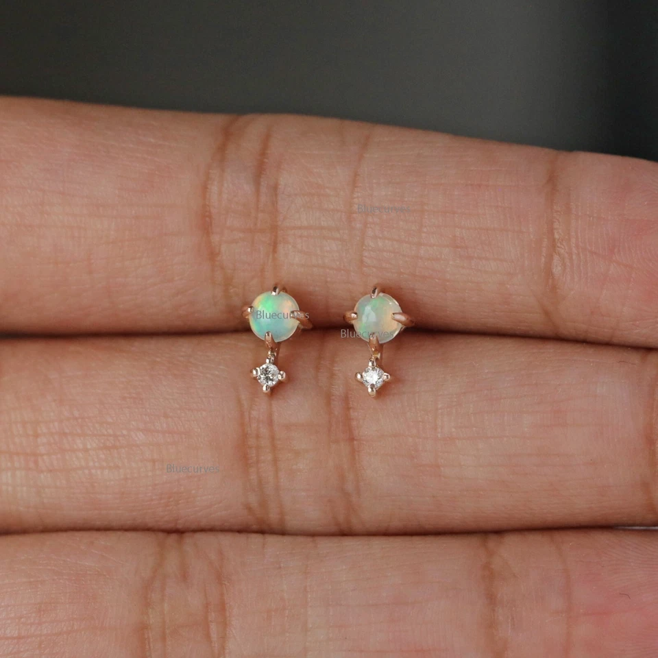 4mm Natural Ethiopian Opal & Real Diamond Tiny Studs Earrings in Solid 18k Gold - Image 2 of 4