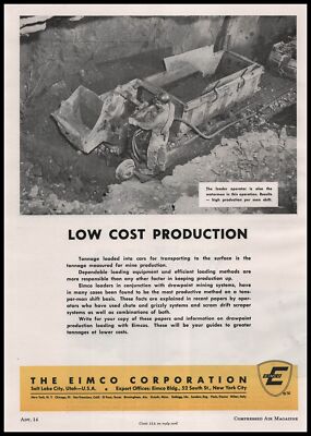 1954 Eimco Corp. Salt Lake City Utah Photo Mine Worker Loading Operator Print Ad