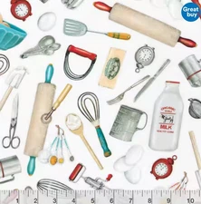 Kiss the Cook Novelty Fabric by Robert Kaufman, BTHY, Baking, Cooking Utensils