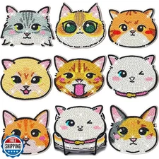 FOWSEEK 8 PCS Cat Diamond Art Coasters with Holder, DIY Cat Diamo
