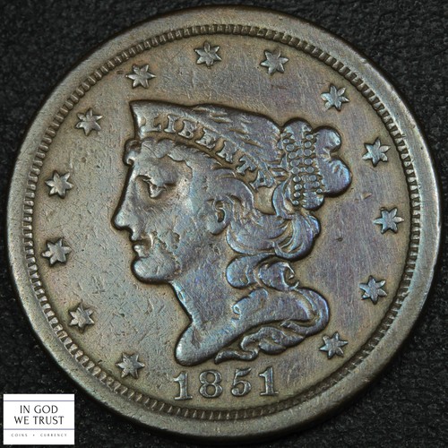 1851 Braided Hair Copper Half Cent 1/2C - Cleaned