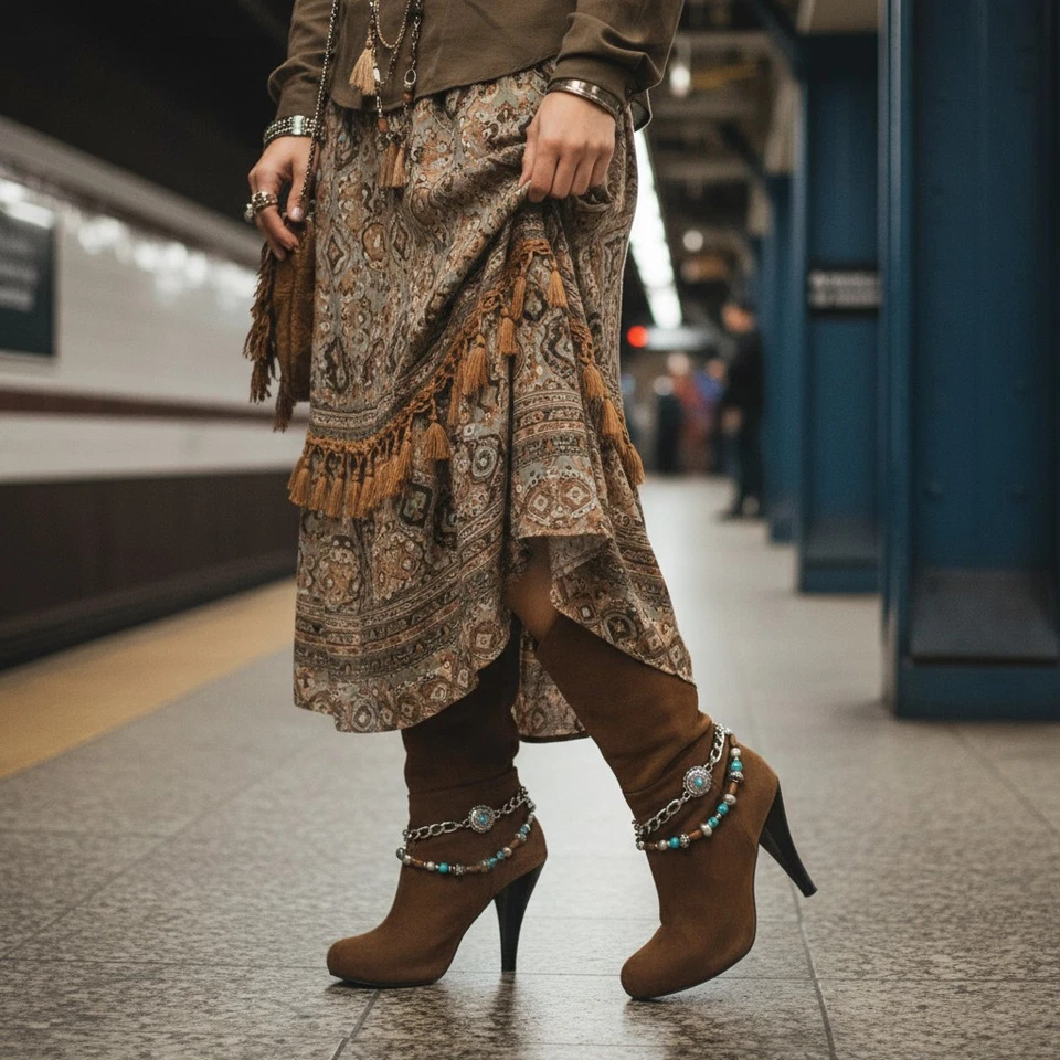 Mujeres 2 PIEZAS Bota de Vaquero de Metal Plateado Cadena Zapato Tobilleras Onda Étnico Flores Dijes Foto 3 de 4