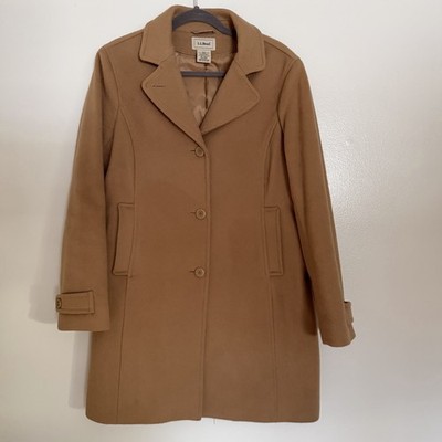 LL Bean Women s Polo Coat Classic Lambswool 3/4 Length Camel Old Money Warm 10