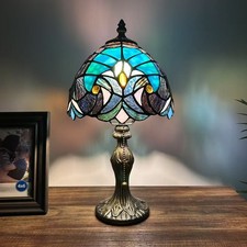 Tiffany Style Mini Table Lamp Green Brown Stained Glass LED Bulb 8"W 8"D 15"H