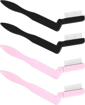 4 PCS Folding Eyelash Comb, Stainless Steel Metal Teeth Eyebrow Black Pink 