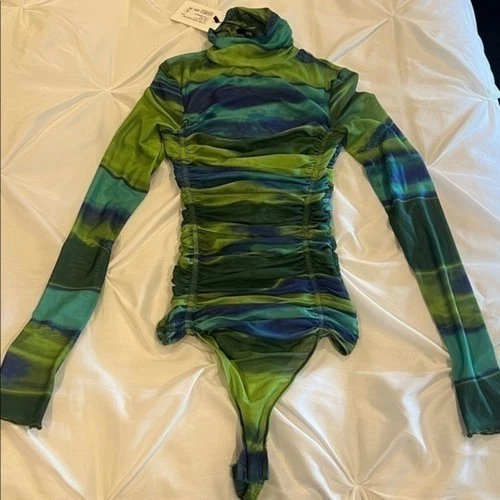 Line & Dot Green Blue Striped Long Sleeve Bodysuit XS NWT - product listing photo