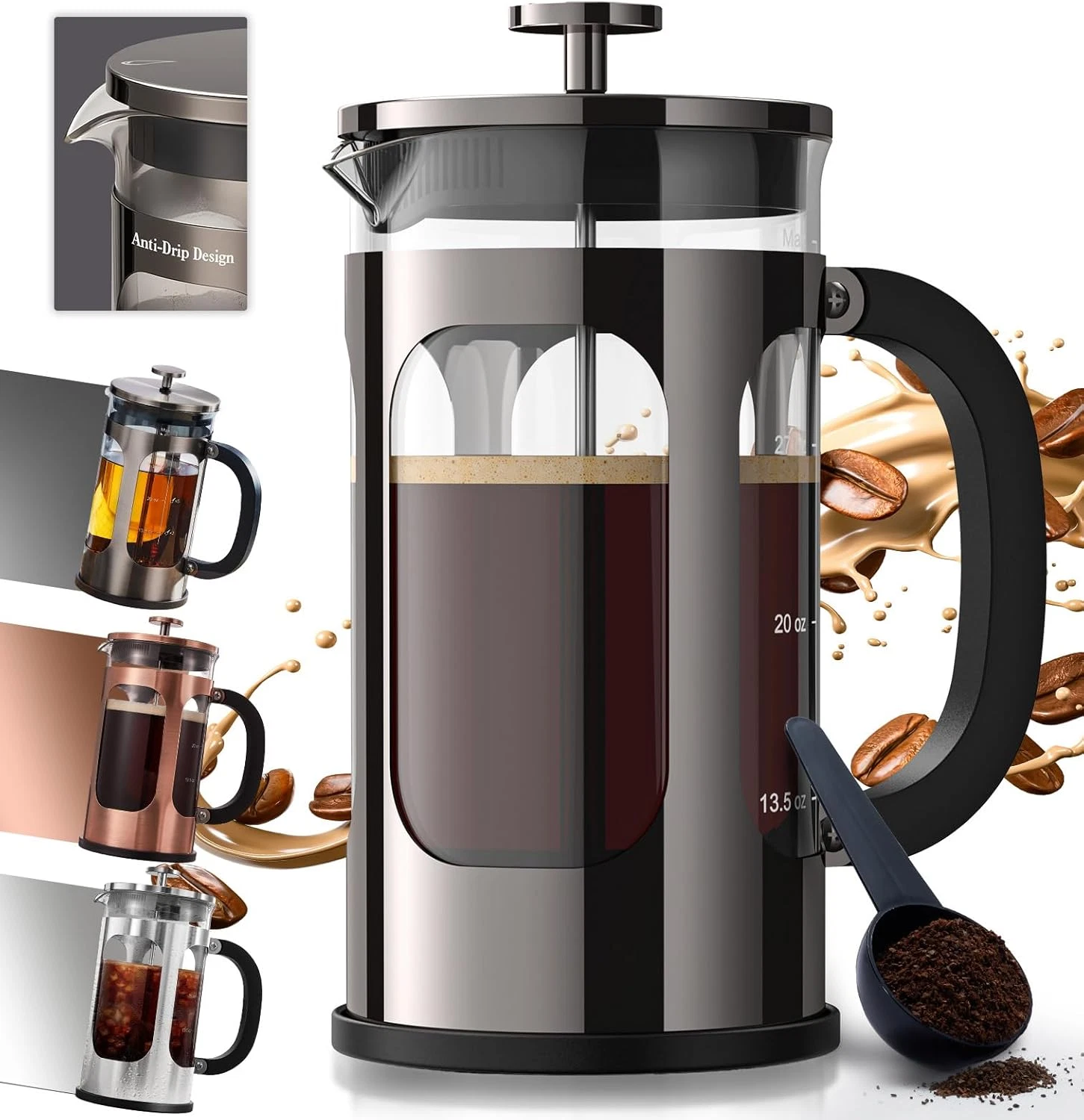French Press Coffee Maker 34 Ounce 1 Liter, Borosilicate Glass Stainless Steel B