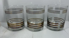 (3) MCM Double Old Fashion Glasses with 6 Gold horizontal Stripes