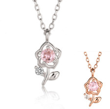 925 Sterling Silver Pink CZ Rose Flower Pendant Necklace 16-18" Chain Gift D23