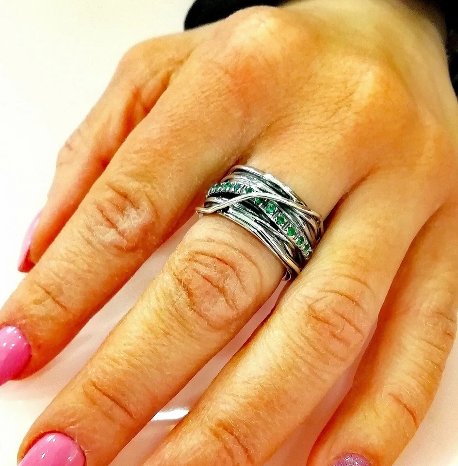 ANELLO DONNA A FILO INTRECCIATO CON PIETRE IN ARGENTO 925 FASCIA LARGA 1,2 CM. - Immagine 3 di 4