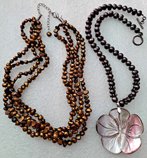 Sterling Brown Fresh Water Pearl Necklace Carved Mother of Pearl Flower Pendant