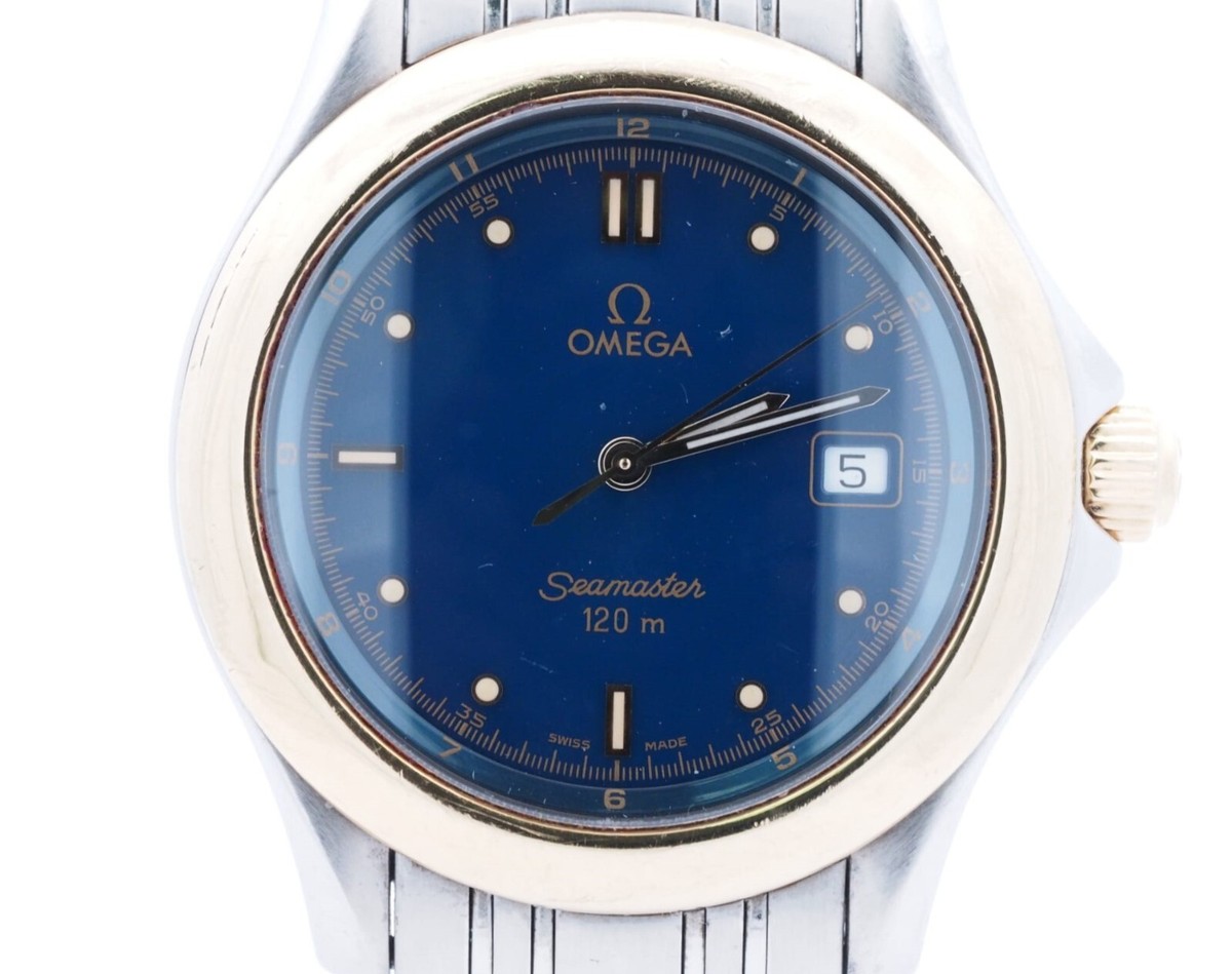 週末値下げ‼︎ OMEGA Seamaster ダークブルー 120m防水 Omega Seamaster 120m Date Blue Silver Gold St.Steel Round