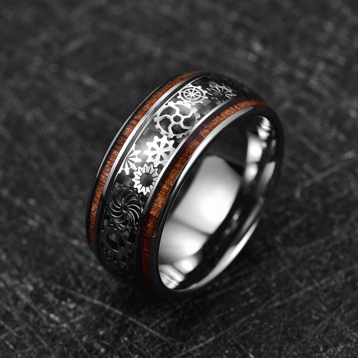 LUXUBANDS 8mm Tungsten Wedding Band - Silver/Black Steampunk Gear Design With Carbon Fiber Inlay, Comfort Fit - View #6