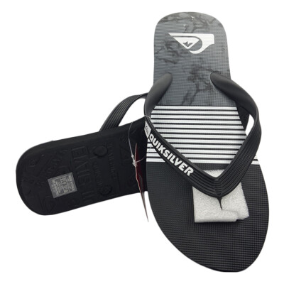 NWT QUIKSILVER MSRP $39.99 MEN'S BLACK GRAY BEACH WAVE THONG FLIP FLOPS SANDALS