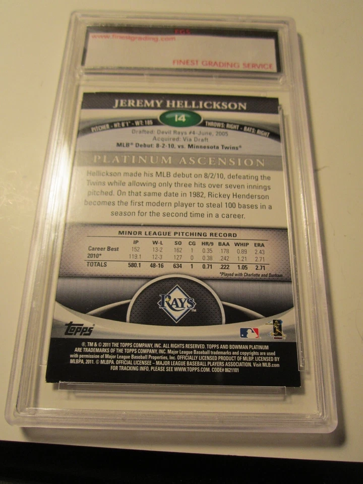 2011 JEREMY HELLICKSON BOWMAN BASEBALL CARD 14 FGS GRADED 10 BBA-13 - Image 2 of 2