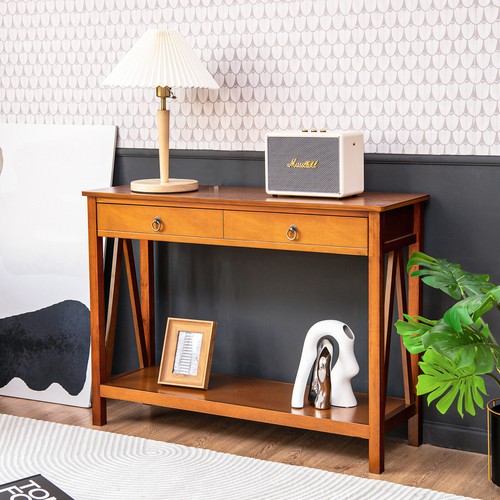 Costway Console Table w/ Open Shelf &Drawer, Modern Sofa Side Table Cherry - Picture 3 of 8