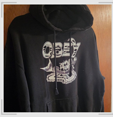 OBEY Men's Black Graphic Print Logo Pullover Hoodie Drawstring Pockets M