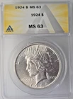 1924-P US Peace Silver Dollar ANACS Mint State 63
